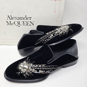 Alexander McQueen 8 8.5 41 Black Velour Velvet Loafers Swarovski Crystal Gala IT